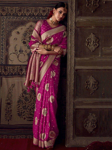 Stunning Rani Pink Zari Woven Georgette Traditional Saree With Blouse